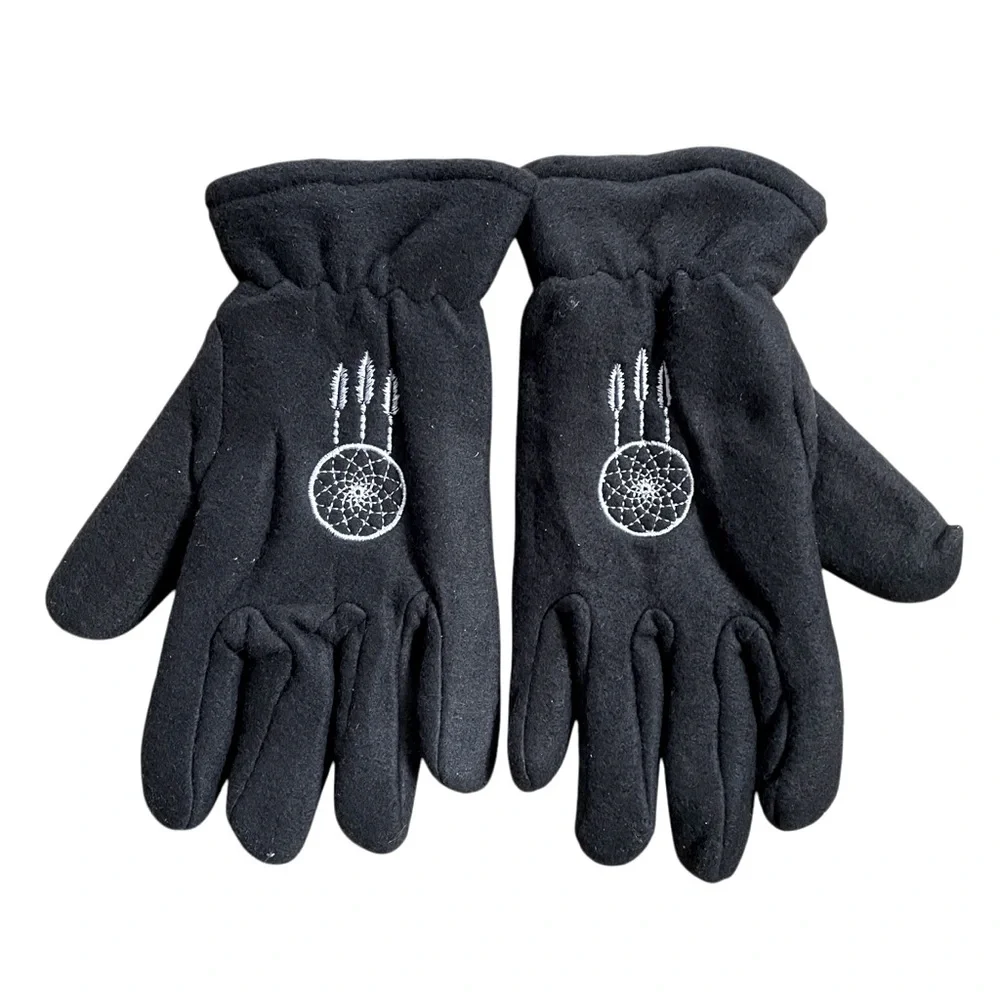 Women’s Fleece Winter Gloves Lined Black Embroidered White Dreamcatcher Motif